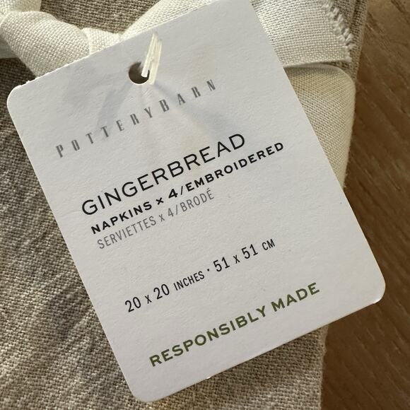 Potterybarn Gingerbread Embroidered Napkins Set of 4 20x20 - Picture 2 of 8